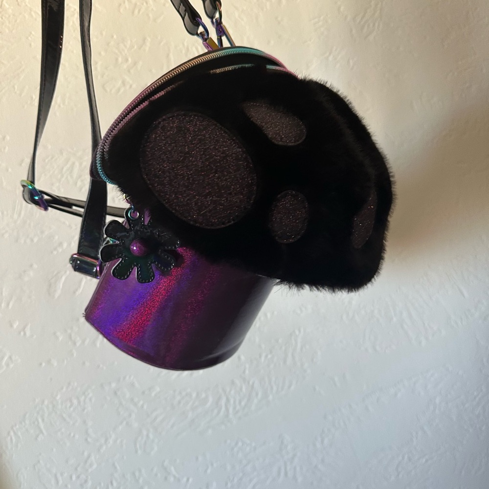 Dolls Kill Iridescent Black Faux Fur Backpack